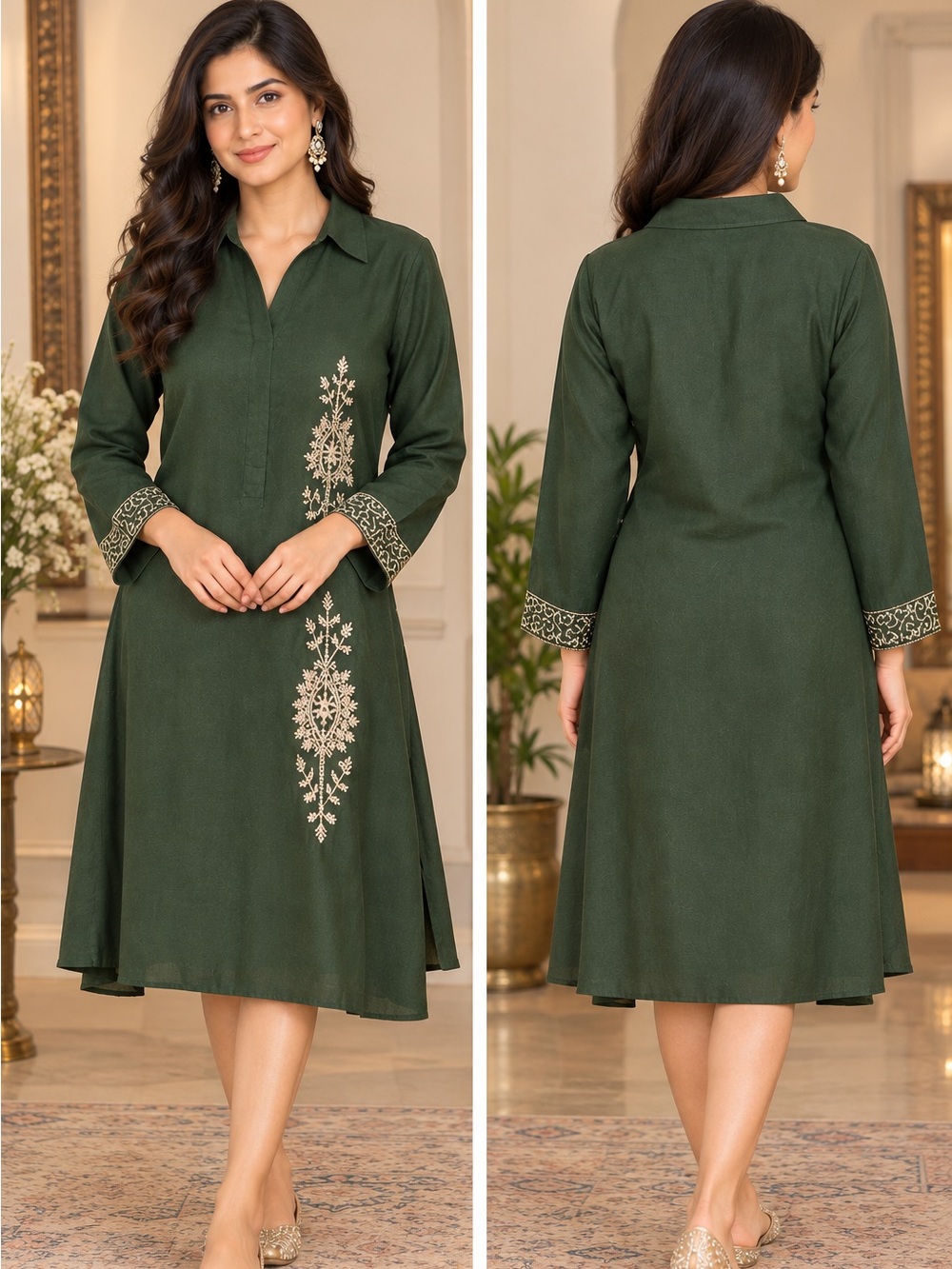 Elegant Olive Green Embroidered Women’s Dress